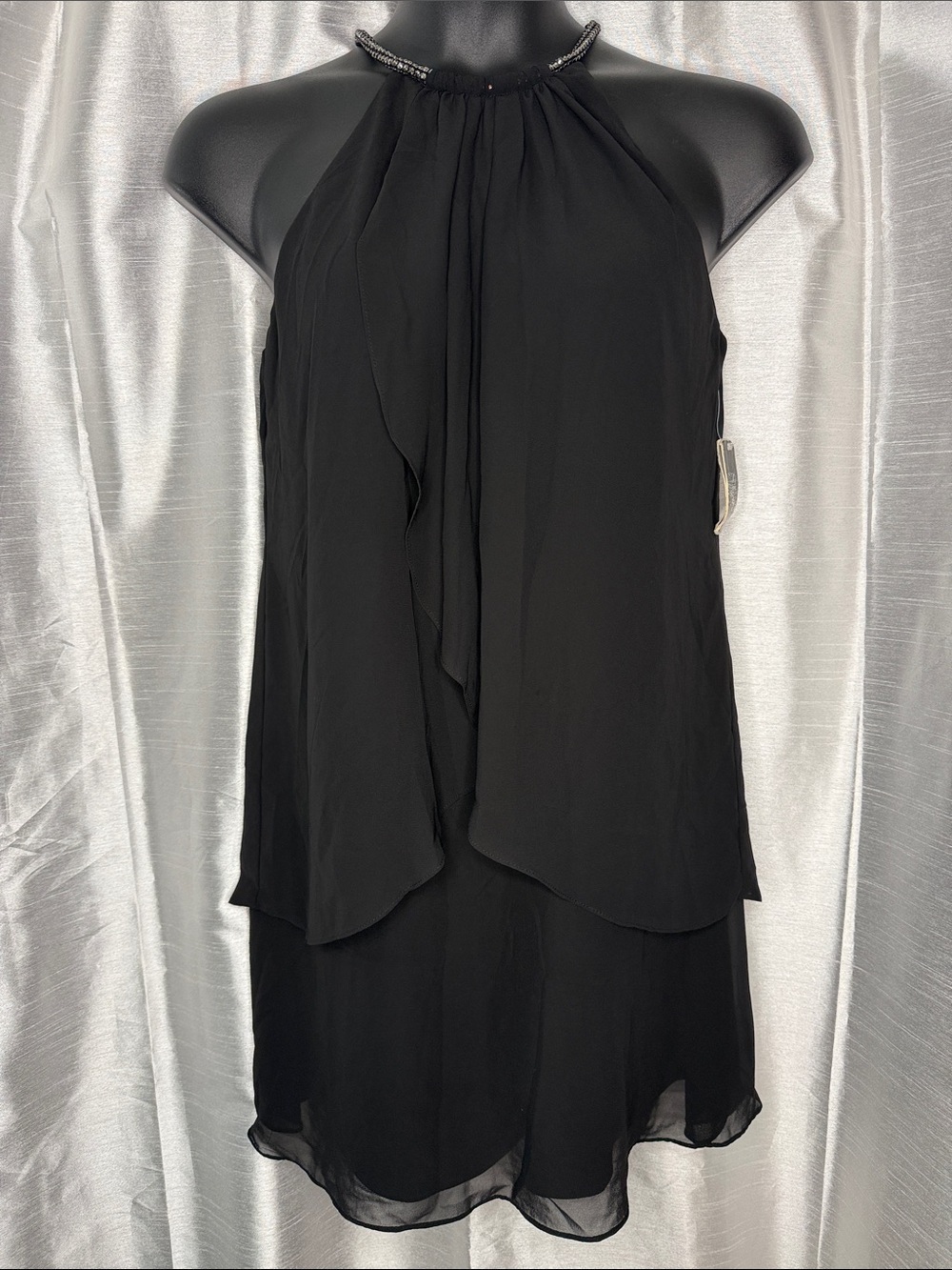 SL Fashions Split Front Chiffon Beaded Halter Dress Black